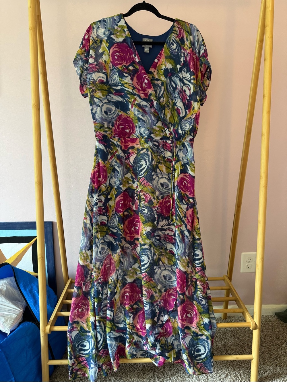 Floral Wrap Maxi Dress in Navy and Fuchsia
